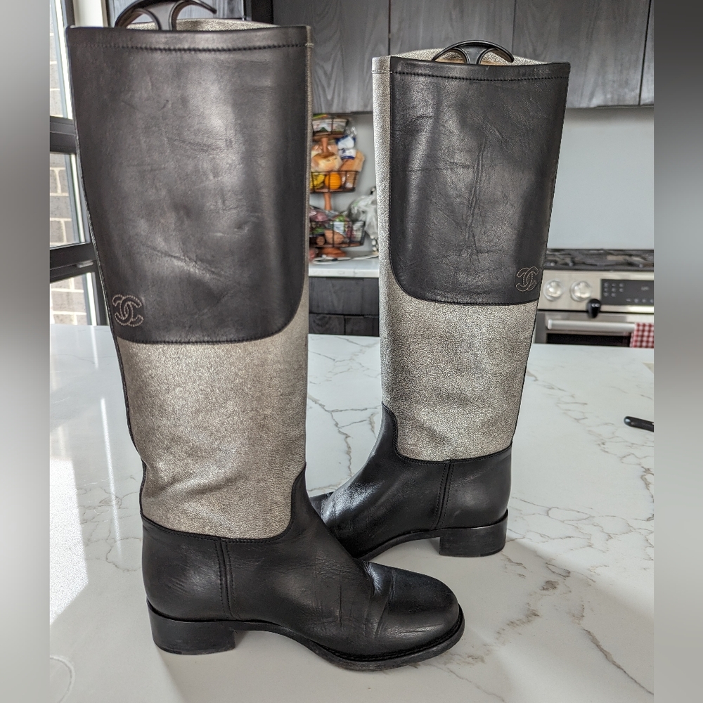 CHANEL Runway Black Silver logo Riding leather boots